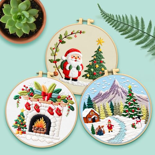 ERKOON Embroidery Kit for Beginners, 5 Sets Christmas Cross Stitch Set for Adults Include Embroidery Cloth Hoops Threads for Craft Lover Hand Stitch with Skill Techniques (Christmas#1) - color: Christmas#1