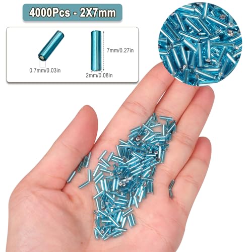 4000pcs Sky Blue Bugle Beads Bulk -Embroidery Beads,Long Tube Bead for Jewelry Making, Bracelet Necklaces Supplies,Craft DIY(7x2mm) - color: Sky blue