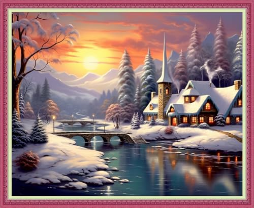Disnesart Cross Stitch Stamped Full Embroidery Kits DIY 11CT Cotton Thread Printed DIY Needlepoint Kits Craft Needlework Set Cross-Stitch Stamped Sets-Winter Snow Scenery 16x20 inch - color: Stylepattern09
