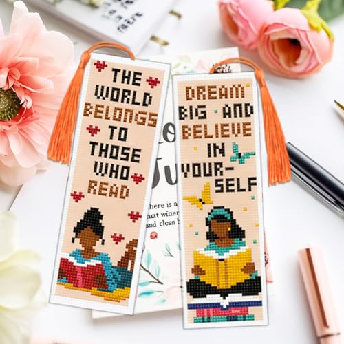 ACRNIGHEET 6PCS Cross Stitch Bookmark Kit for Beginner Women Reading Stamped Cross Stitch Kits Needlepoint Kit for Adults DIY Tassel Embroidery Bookmark Kits with Instructions Craft Gift 8.5"x3" 11CT - style: Women Reading with Tassel