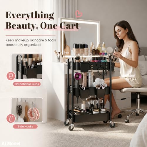3 Tier Rolling Cart Metal with Wheels,Black Three Tiered Art Cart Organizer - color: Matte Black, size: 3 Tier + Cups + Hooks