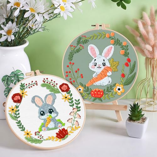 ERKOON 4 Sets Embroidery Kit, Animal Cross Stitch Set for Include Embroidery Cloth Hoops Threads for Craft Lover Hand Stitch (Rabbit) - color: Rabbit