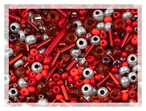 0.7oz (20g) Mix of Small Rocailles, Seed Beads & Bugles 2-10mm Preciosa Ornela Czech Glass Beads, Mix Red Gray - color: Red