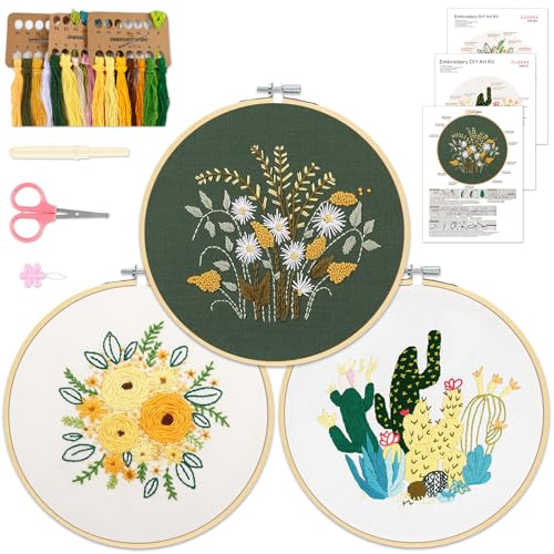 KintKita 3 Sets Floral Embroidery Kit for Adults,Easy DIY Embroidery Kits for Beginners Stamped Cross Stitch Practice Kit, Includes Stamped Flower Pattern, Hoop, Color Threads,Tools - color: Floral Kit