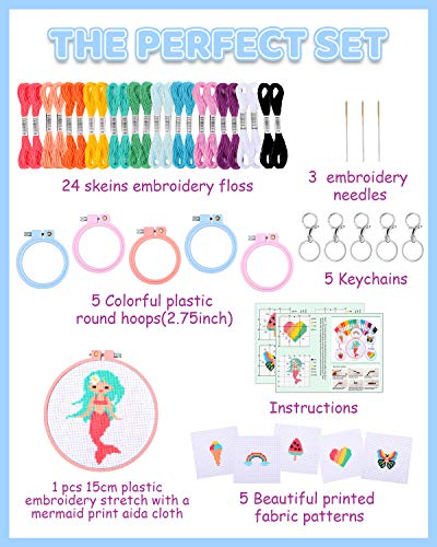 Pllieay 6 Pcs Cross Stitch Kits for Beginners for Kids 7-13 - size: Round Embroidery Hoops