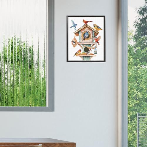FREEBLOSS Flamingo Cross Stitch Kit Stamped Cross Stitch Wall Hanging Kit for Adults with Instructions Birdhouse and Birds Pure Cotton Cloth Embroidery Kits for Beginnrs No Frame 16 * 20"