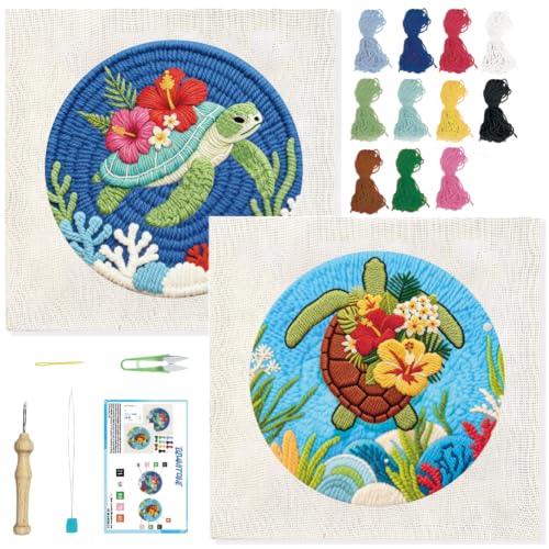 BEUNITONE 2PCS Punch Needle Kits with Sea Turtle Pre-Print Pattern Easy for Beginners, DIY Craft Embroidery Needlepoint Kits for Adults with Hoop Punch Needle Set for Craft Lovers Home Decor 7.9x7.9 - color: 09-Sea turtle