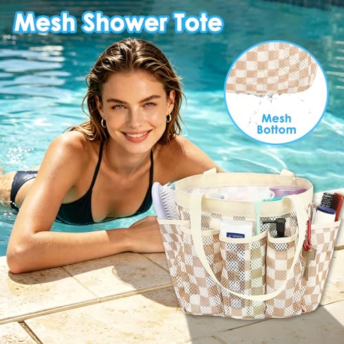 Fammart Mesh Shower Caddy Portable for College Dorm Room Essentials, Odorless Polyester Large Shower Tote Bag with Dual Handles, 8-Pocket Quick-Dry Toiletry Organizer for Travel, Beach, Camping, Gym - color: Multiple Pockets, 1 Pack - Khaki Checkered