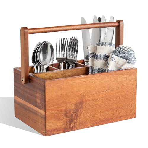 Acacia Wood Utensil Caddy with Handle, Wooden Silverware Holder, Multi-purpose Organizer for Kitchen, Office, Bathroom, Bedroom