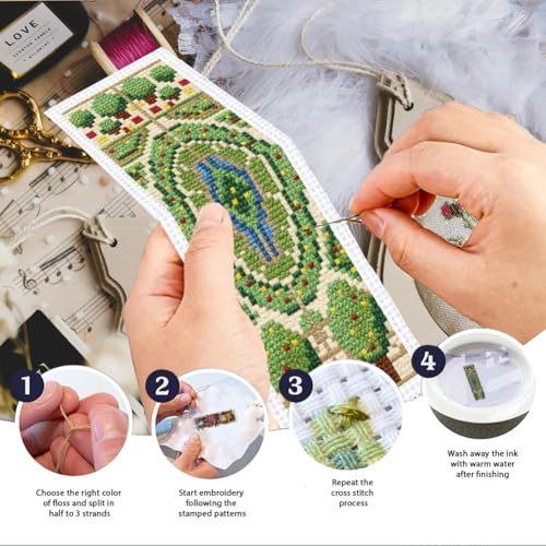 INFUNLY 6PCS DIY Garden Cross Stitch Bookmark Kits 3×8.5inch Fountain Stamped Embroidery Page Marker Kits Plant Needlepoint Bookmark Kit with Pre-Printed Pattern for Book Lovers Readers - style: Garden