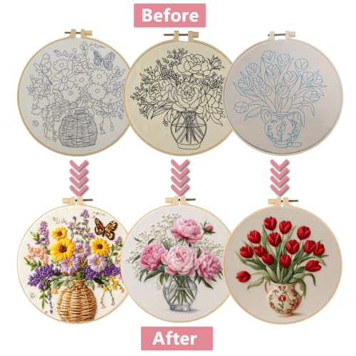 LYMIGER 3 Packs Embroidery Kit for Adults, Embroidery for Beginners (Vase) - color: Vase
