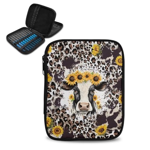 Kathyboom Cowhide Sunflower Empty Crochet Hook Case - Crochet Hook Organizer Case Crochet Hook Holder for Knitting & Crochet Supplies, Crochet Needles, Crochet Accessories - color: Cowhide Sunflower