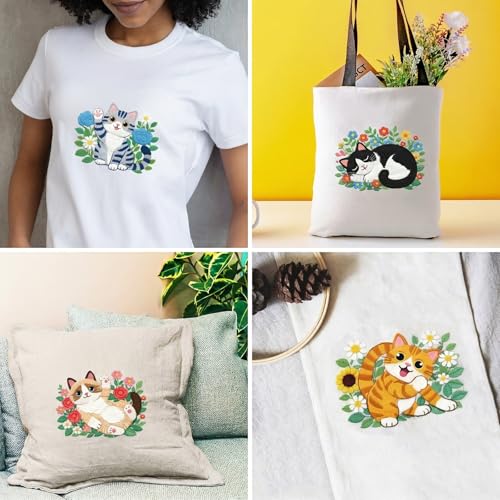 INFUNLY 4 Sets Cute Cat Embroidery Kits for Adults Flowers DIY Cross Stitch Starter Kit with Instructions Kitten Wildflowers Needlepoint Kits with Embroidery Cloth Colored Threads Hoops Tools