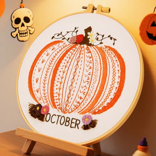Easy Beginners Embroidery Stitches Practice Kits for Adults, Fall Pumpkin Embroidery Starters Kits for Beginners to Learn 26 Stitches, Autumn Hand Embroidery Set Craft for Women & Video Tutorial - color: H2032, size: 8Inch