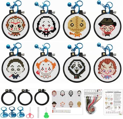 8 Pack Horror Stamped Cross Stitch Kits for Kids Beginners with Frame - color: Horror Cross Stitch keychain