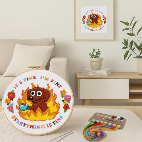 Nuberlic Cute Dog Embroidery Kits for Beginner Adults Cross Stitch Kit with Funny Animal Pattern Include Cloth Hoops Threads Needles - color: Dog