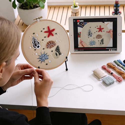 Beach Embroidery Kits for Beginners Adults, Coastal Hand Embroidery Set Needlepoint Kits, Stamped Cross Stitch Kits for Beginners Adults, 2 Embroidery Hoops, Fabric, Thread (Attached Video Tutorial) - color: Beach-2, size: 8inch