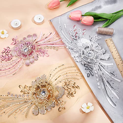 NBEADS 2 Pcs 3D Flower Lace Embroidery, Floral Embroidered Lace Patches with Sequin Nail Bead Tulle Applique Sew on Patches for Clothing Wedding Dress Lace Fabric DIY Decoration, Gold - color: Gold Flowers with Sequin-2 Pcs