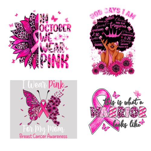 4 Sheets Breast Cancer Awareness Iron on Transfer Patches Pink Ribbon Iron on Patches Stickers Heat Transfer Vinyl Decals with Women Sunflower Design Iron on Appliques T-Shirt Pillow Cover DIY Decor - color: G