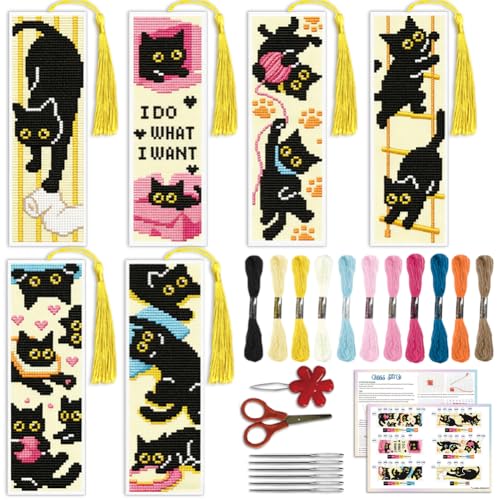 ACRNIGHEET 6PCS Cross Stitch Bookmark Kit for Beginner Stamped Cross Stitch Kits for Adults Naughty Black Cat DIY Tassel Embroidery Bookmark Kits Needlepoint Kit with Instructions Gift 8.5''x3'' 11CT - style: Cat Patterns