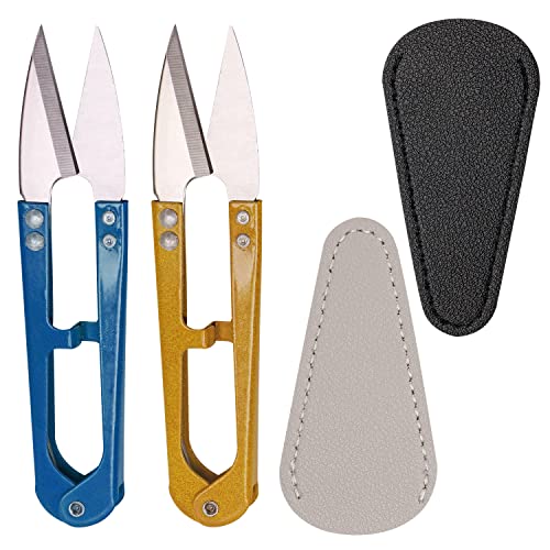 2Pcs Multicolor Mini Sewing Scissors Clipper 2Pcs Leather Scissors Sheath Cover Small Embroidery Thread Thrum Yarn Trimming Nipper U-Shaded Craft Cross Stitch Scissor (Light Blue/Yellow) - color: Light Blue/Yellow
