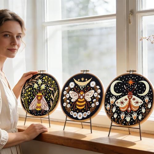 Hand Embroidery Starter Kits for Beginners Adults, Counted Stamped Cross Stitch Kit for Beginners Adults, Embroidery Needlepoint Kit with Moth Flower Pattern, 3 Hoops (Attached Teaching Video QR Code) - color: Moth