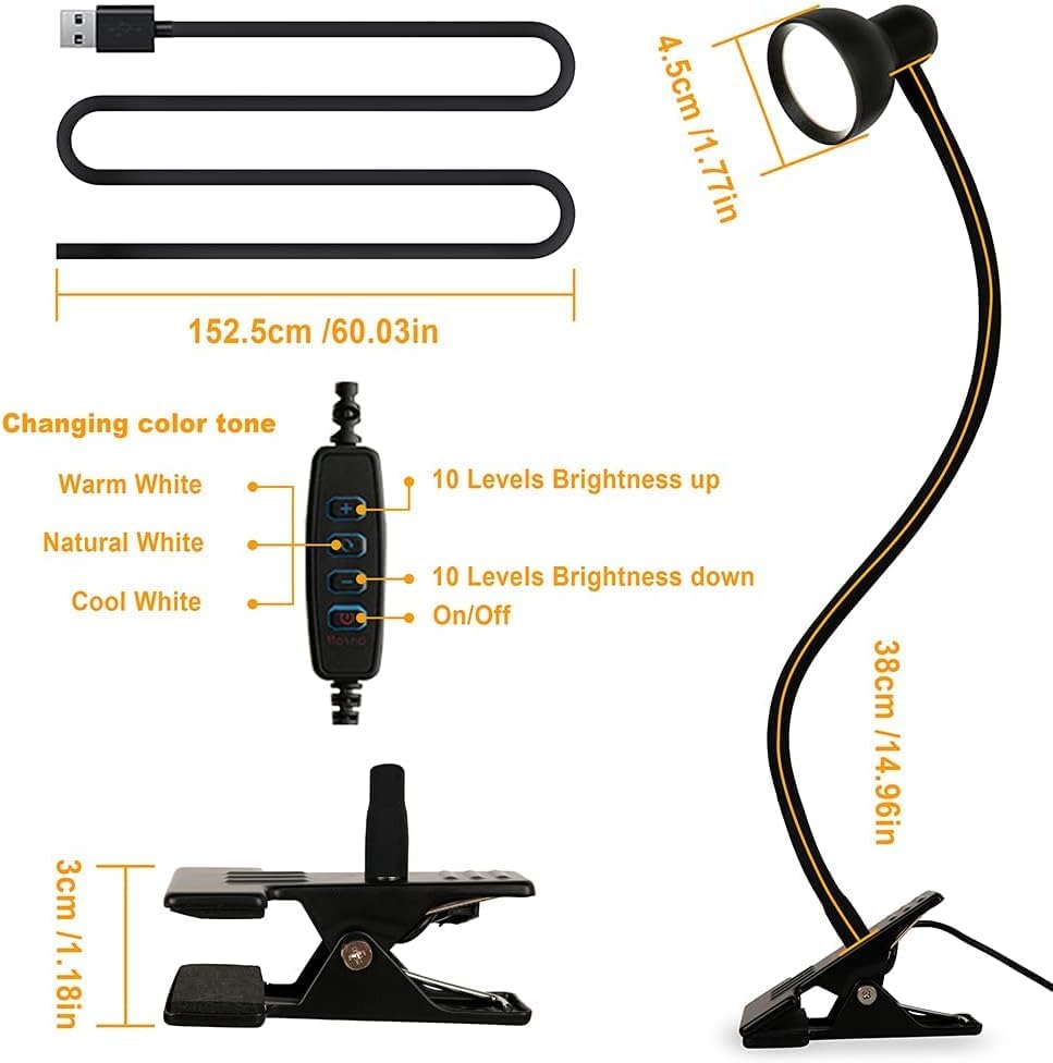 Clip on Light Reading Light for Bed 3 Color Modes Black - color: Black