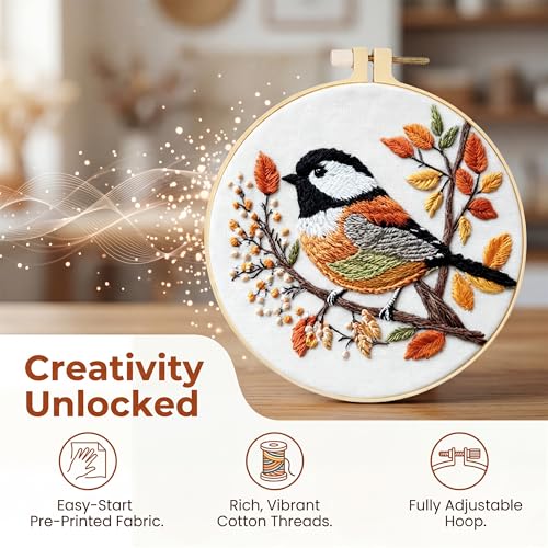 Huacan Embroidery Kit for Beginners Adults Includes Stamped Bird Pattern, Hoop, Color Threads,Tools,Easy to Follow Instruction