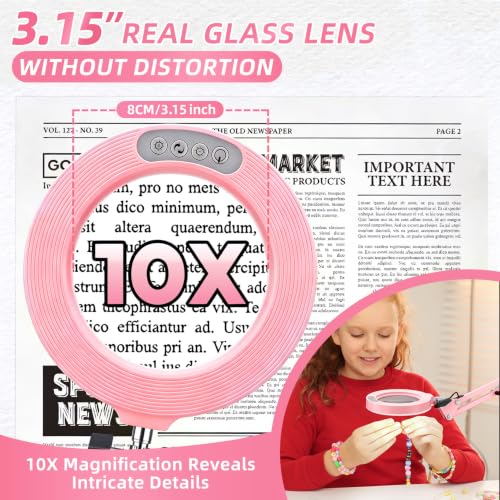 10X Magnifying Glass with Light and Stand,Hands-Free Desk Magnifier - color: Pink Magnifying Glasses With Light