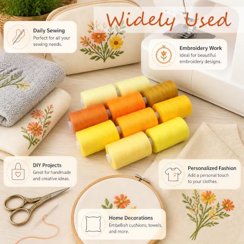 Sewing Thread 10 Color Sewing Industrial Purpose 1000 Yards Per Spool 40S/2 Polyester for DIY Sewing Machine,Embroidery Machine,Hand Sewing (Yellow) - color: Yellow