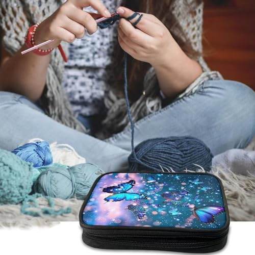 Kathyboom Galaxy Butterfly Large Crochet Hook Case, Organizer Zipper Bag with Web Pockets for Various Crochet Needles and Knitting Accessories,Easy to Carry - color: Galaxy Butterfly