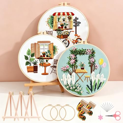 Qupace 3 Pcs Farmhouse Kits for Woman,Beginner Embroidery Kits for Adults,Garden Balcony Scene Pattern Cross Stitch, Green Themed Needlework Sewing Craft Kit - color: Green