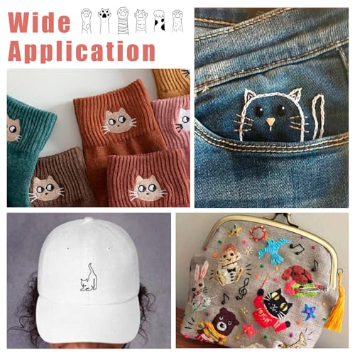 Magibeads 57 Patterns Cat Water Soluble Embroidery Patterns Kitten Paw Print Cartoon Animal Pet Stick and Stitch Transfer Embroidery Paper for Hand Sewing Beginners Starter Adult - color: Cat