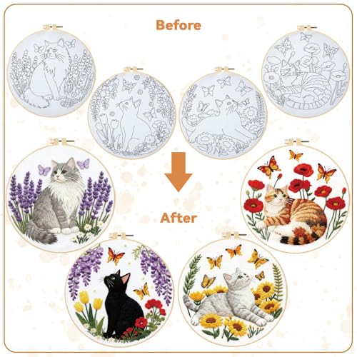 BEUNITONE 4 Set Embroidery Kit for Beginners, Cat and Butterfly Pre-Stamped Pattern Needlepoint Kits for Adults with Hoop and Instruction, Cute Hand Embroidery Patterns for Cloth and Home Decor - style: A-Cat-01