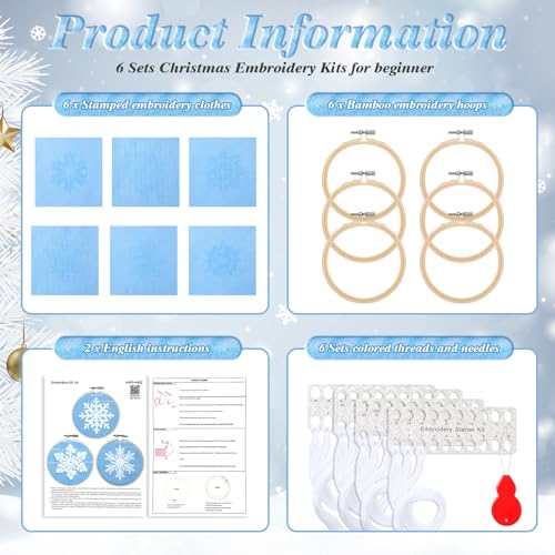 Roowest 6 Sets Christmas Embroidery Kits Snowflake Ornament DIY,Blue - color: Blue