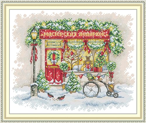 Howie's Needlepoint Cross Stitch Kits, 14CT Pre-Printed Pattern Needlepoint Kits, Full Range of Stamped Starter Kits(Christmas Window,13.39 x 12 inch) - color: Christmas Window