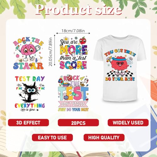 20Pcs Test Day Dtf Transfers Ready to Press Testing Day Iron on Transfers for Tshirts Last Day of School Heat Transfer Vinyl Stickers for Clothing Pillows Bag DIY Crafts - color: Test Day