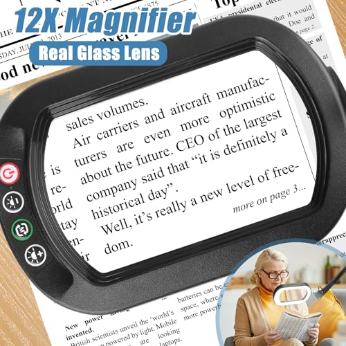 IVMAIE 12X Magnifying Glass with Light and Stand, Real Glass Lens, 5 Color Modes LED Dimmable Lighted, 3-in-1 Floor Lamp with Clamp, Hands Free Magnifier for Reading, Craft Painting Close Work, Black - color: Black