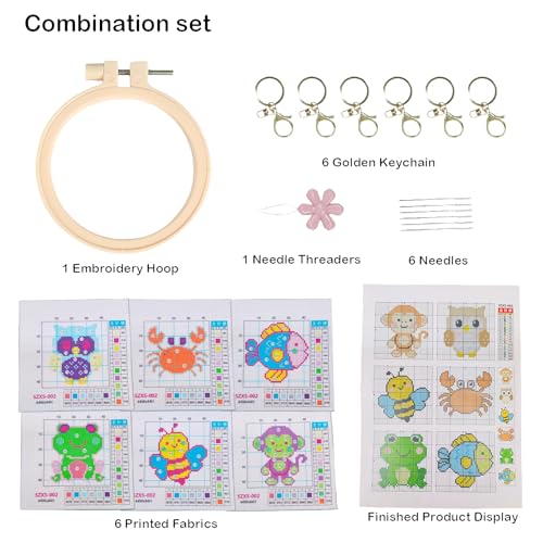57lilina Cross Stitch Kits for Kids, 6 Set Easy Beginner Embroidery Pattern - color: Owl+ Monkey+ Fish+ Frog+ Crab+ Bee
