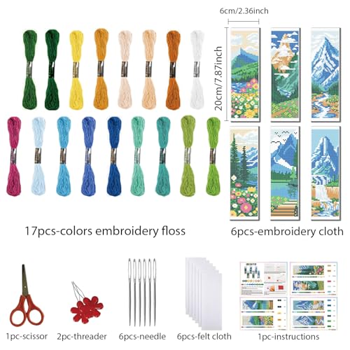 FREEBLOSS 6 Set Cross Stitch Bookmarks Kit Mountains&Rivers Stamped Cross Stitch Kit DIY Embroidery Bookmark Set with Instruction for Adults Beginners Gift for Reading Enthusiasts 8 * 2.4inch 11CT - style: Mountains&Rivers