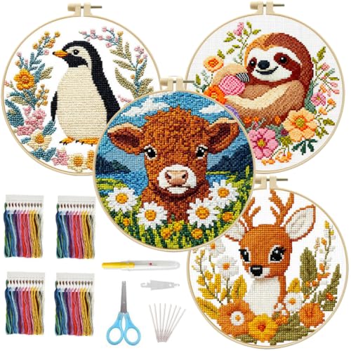 FEIYUENO 4 Set Highland Cow Cross Stitch Embroidery Kit for Adults (Animal) - color: Animal