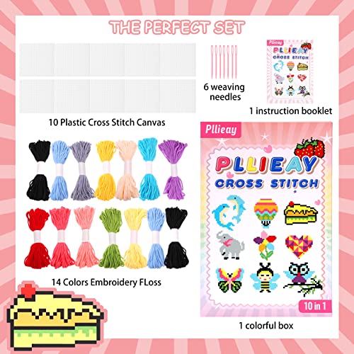 Pllieay 10-in-1 Cross Stitch Beginner Kit for Kids, Embroidery Kit