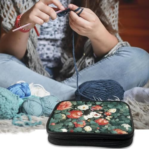 Kathyboom Cat Flower Large Capacity Crochet Hook Case, Organizer Zipper Bag with Web Pockets for Various Crochet Needles and Knitting Accessories,Easy to Carry - color: Cat Flower
