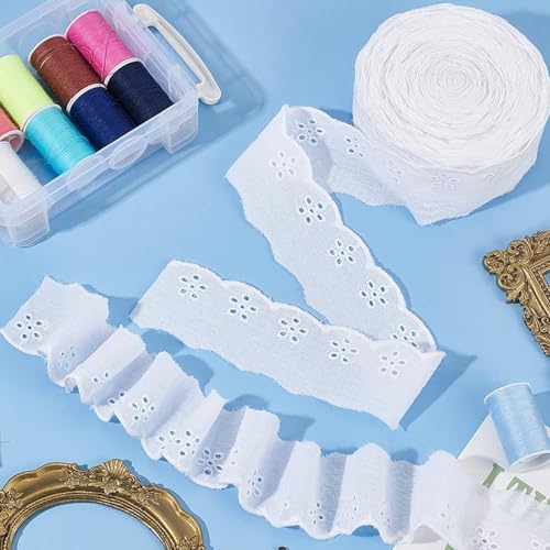 15 Yards Lace Trim White Cotton Lace Trim Eyelet Floral Ribbon Wavy Edge Embroidery Ruffle Trims for Sewing Dress Clothes Bag Dolls & Pets Clothes (1.57 Inches Wide)