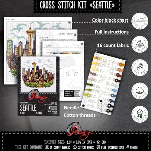 Povitrulya Counted Cross Stitch Kit for Adults “Seattle” - Cityscape Hand Embroidery Set with Paper Pattern, 14 Count Aida Cloth and Pre-Sorted Cotton Floss