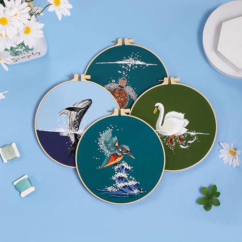 Picoey Embroidery Kit for Beginners with Animal Pattern and Instructions,4 Pack Cross Stitch Kits,2 Wooden Embroidery Hoops,Threads and Needles,Needlepoint Kit - color: Sea animal