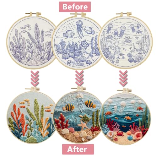 LYMIGER 3 Packs Embroidery Kit for Adults, Embroidery for Beginners (Sea-1) - color: Sea-1