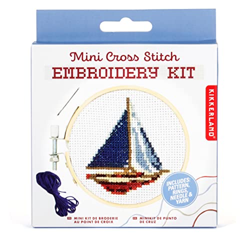 Kikkerland DIY Mini Cross Stitch Sailboat Embroidery Craft Starter Kit Set, with Pattern Instructions, 3" Bamboo Hoop, Stress Relief, Adult Beginner Friendly - color: Sailboat