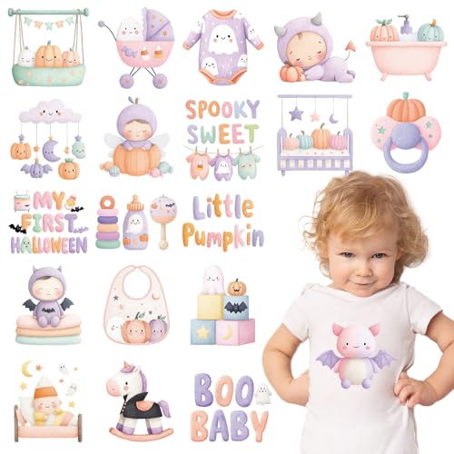 Halloween Baby Iron on Transfer - 20Pcs Dtf Transfers Ready to Press, Cute Boo Baby Iron on Decals Patches, My First Halloween Heat Sublimation Stickers for DIY Baby Onesie Kids Clothing - color: Halloween Baby557