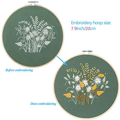 KISSBUTY Full Range of Embroidery Starter Kit with Pattern, Cross Stitch Kit Including Embroidery Fabric with Floral Pattern, Bamboo Embroidery Hoop, Color Threads and Tools Kit (Flowers Plants)
